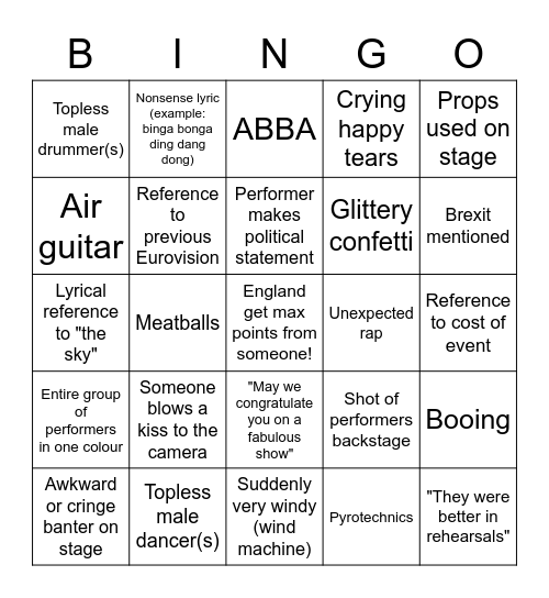 Eurovision bingo! Bingo Card