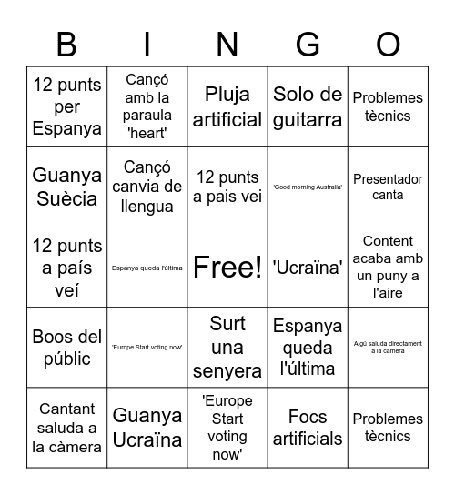 Eurovisió Plan B Bingo Card