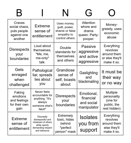 Narcissistic personality disorder Bingo Card