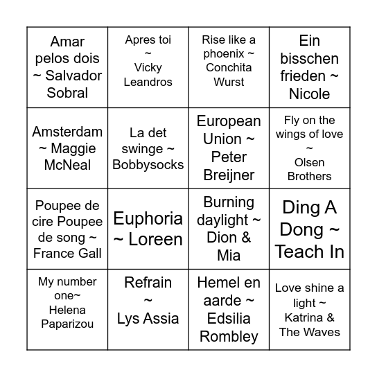 Eurovision Song Festival BINGO Card