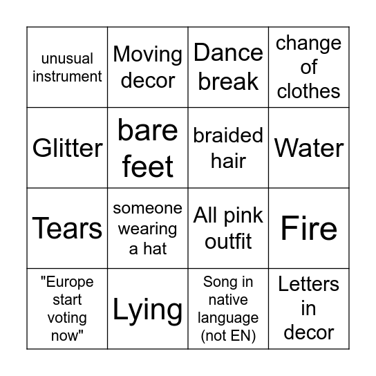 Eurovision Bingo Card