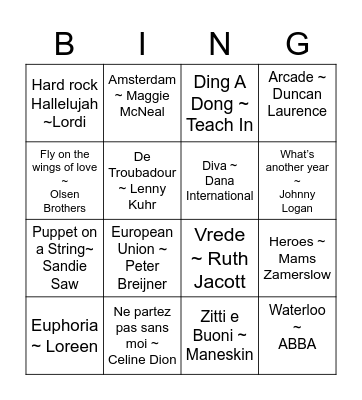 Eurovision Song Festival Bingo Card