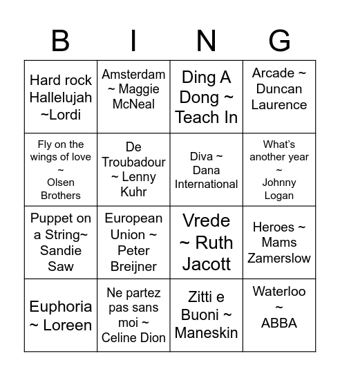 Eurovision Song Festival Bingo Card