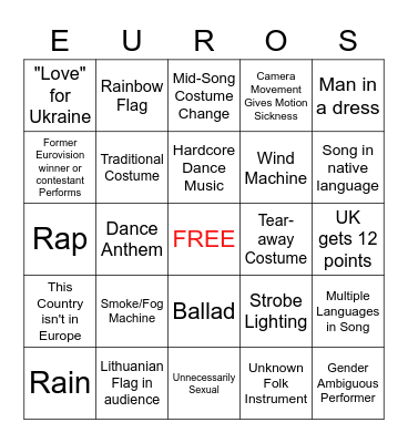 Eurovision 2023 Bingo Card