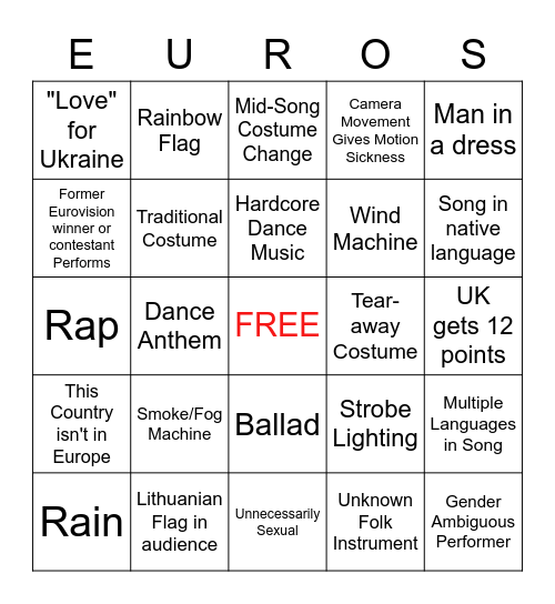 Eurovision 2023 Bingo Card