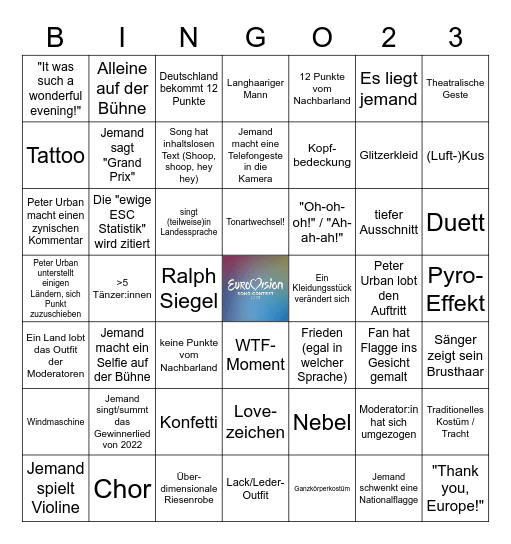 ESC 2023 Bingo Card