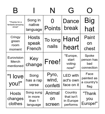 Eurovision 2023 Bingo Card