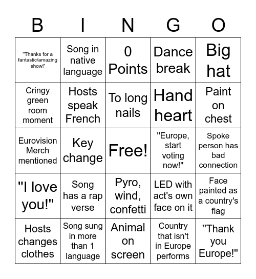 Eurovision 2023 Bingo Card