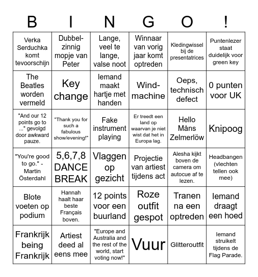 Eurovision 2023 Bingo Card