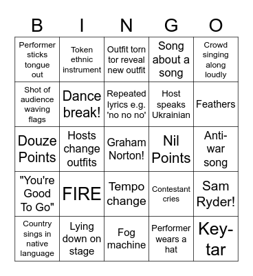 Eurovision 2023 Bingo Card