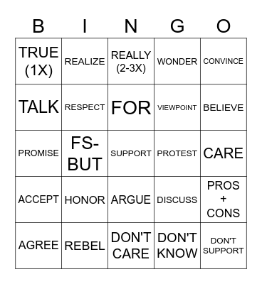 AGREEMENT AND DISAGREEMENT SIGN VOCABULARY Bingo Card