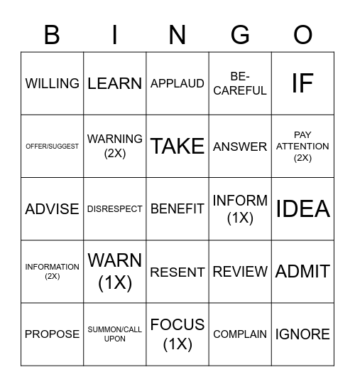 Making Suggestions & Offering Advice Sign Vocabulary Bingo Card