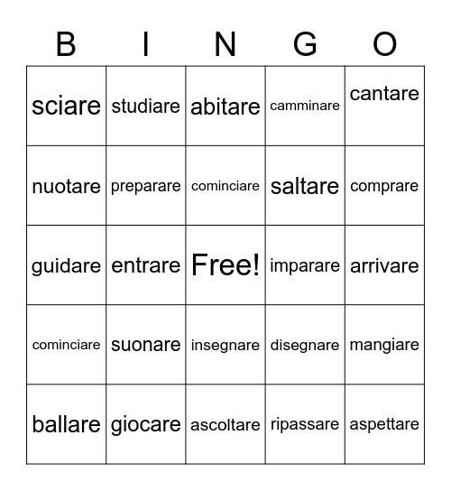 are verbs Bingo Card