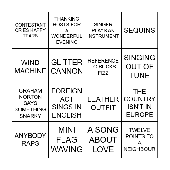 EUROVISION Bingo Card