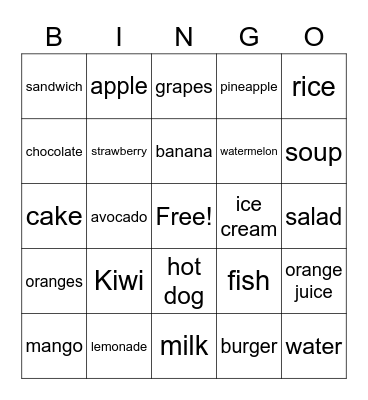 Food Bingo Card