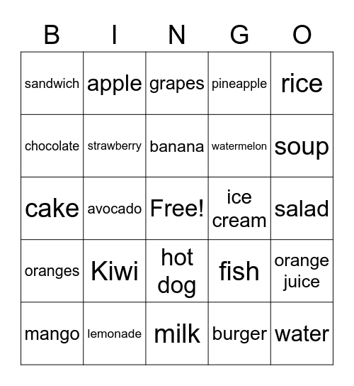 Food Bingo Card