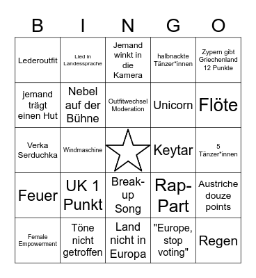 Grand Prix Eurovision de la Chanson Bingo Card