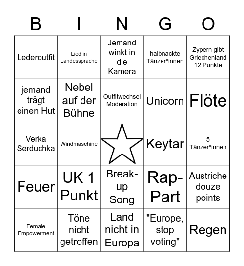 Grand Prix Eurovision de la Chanson Bingo Card