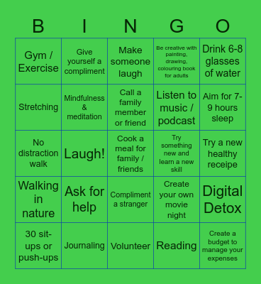 Mental Health Awareness Bingo Card