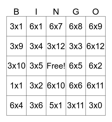 3s & 6s Multiplication Bingo Card