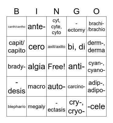 Medical Terminology Bingo Card