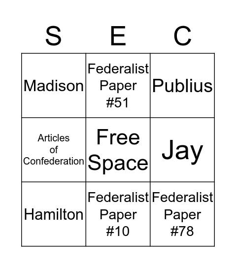 The Federalist Papers Bingo Card