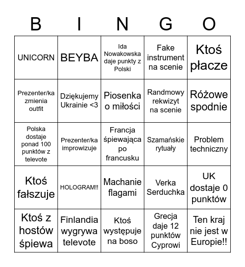 EUROWIZJA Bingo Card