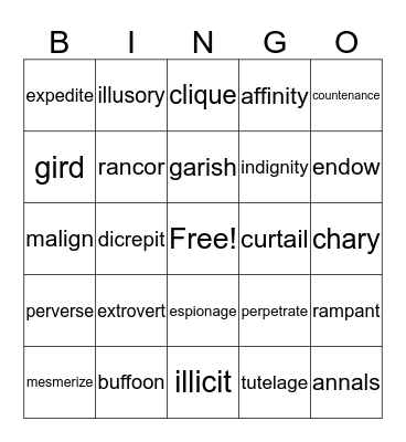 Vocabulary Review Bingo Card