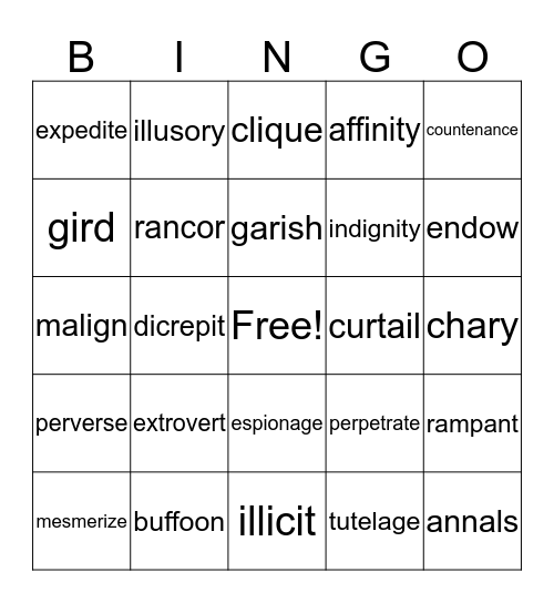 Vocabulary Review Bingo Card