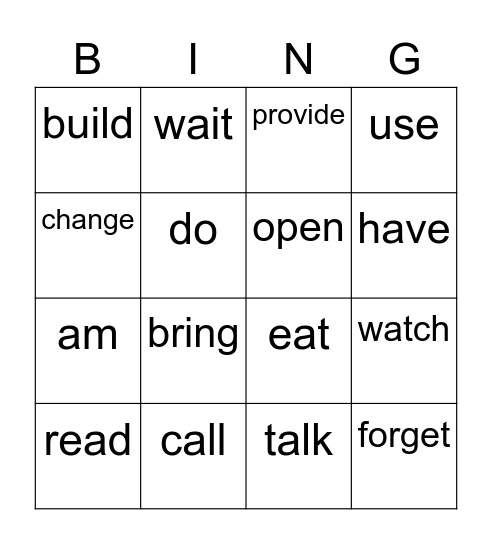 past tense Bingo Card