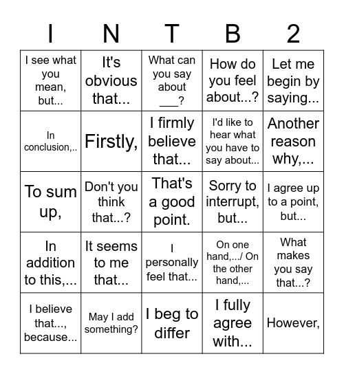 INT Debate Bingo Card