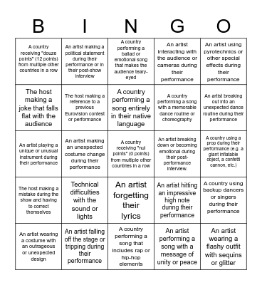 Eurovision Bingo! Bingo Card