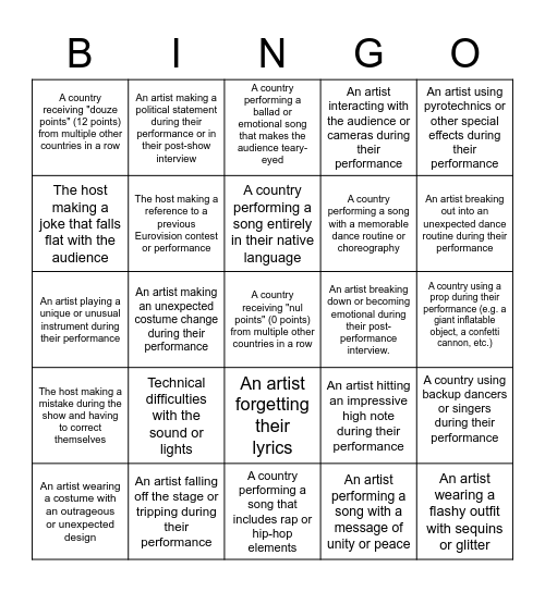 Eurovision Bingo! Bingo Card