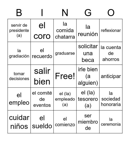 Avancemos 3 U7L1 Bingo Card