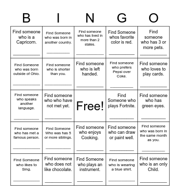 Find Someone Who Bingo Card