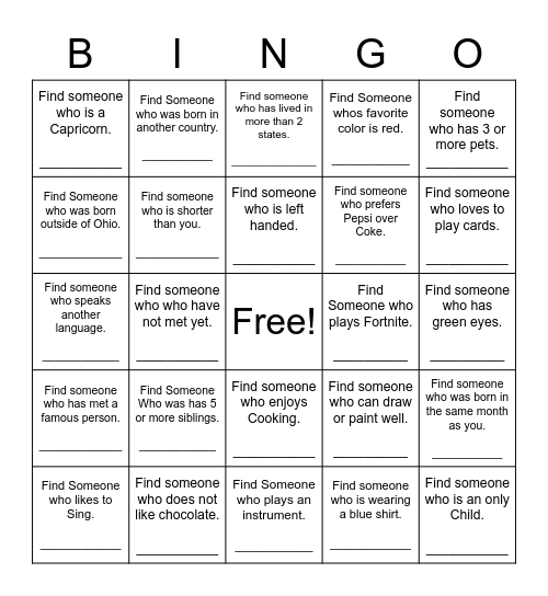 Find Someone Who Bingo Card