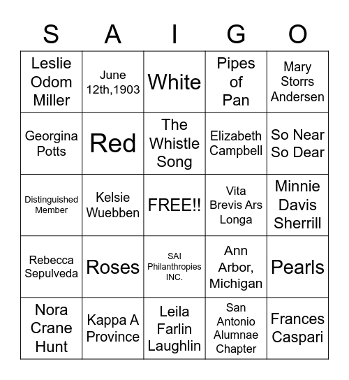 Sigma Alpha Iota Bingo Card