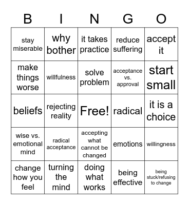 Distress Tolerance Bingo Card