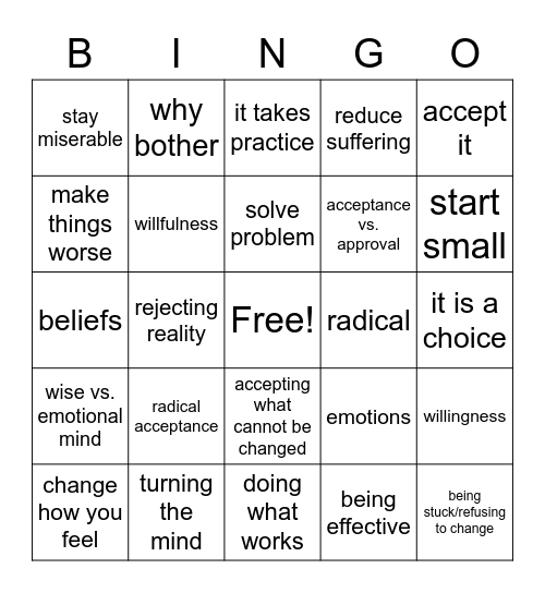 Distress Tolerance Bingo Card