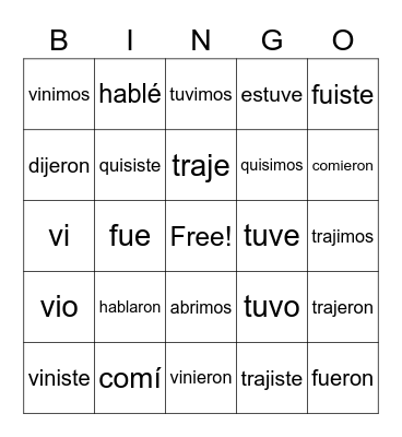 Preterite Verbs Bingo Card