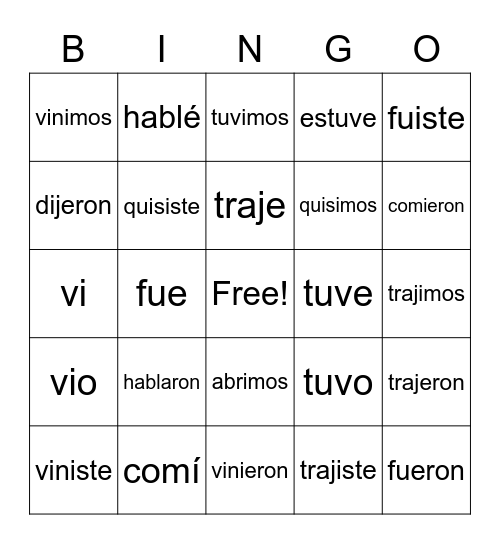 Preterite Verbs Bingo Card