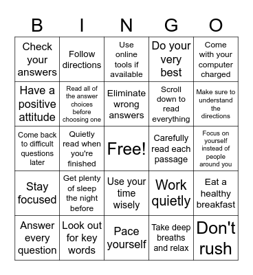 Test Taking Strategies Bingo Card