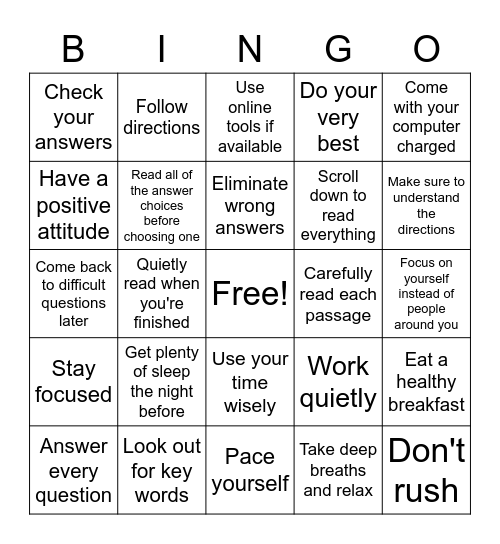 Test Taking Strategies Bingo Card