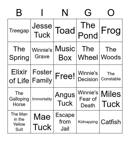 Tuck Everlasting Bingo Card