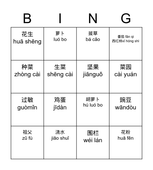 祖父的菜园 Bingo Card