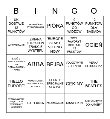 EUROVISION 2023 Bingo Card