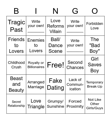 Romance Bingo Card
