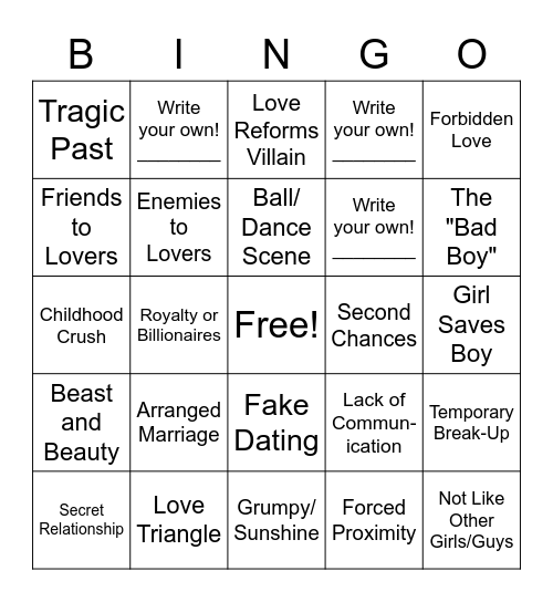Romance Bingo Card