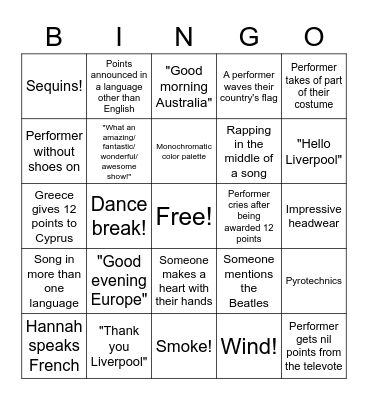 Eurovision Bingo Card