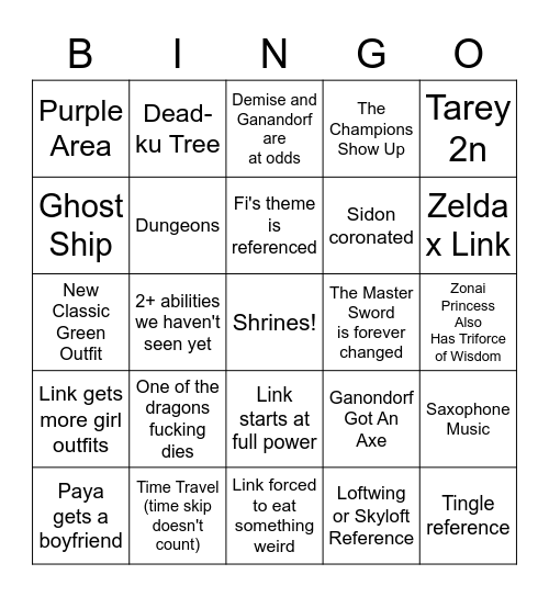 Tears of the Kingdom Bingo Card